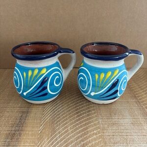 Vintage Jarrito de Barro Mexico Clay Folk Art Pottery Cup Coffee Mug Set Of 2